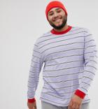 Asos Design Plus Organic Cotton Relaxed Long Sleeve Stripe T-shirt In Lilac-purple