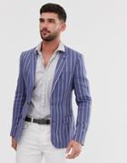 Asos Design Skinny Linen Blazer In Blue Stripe