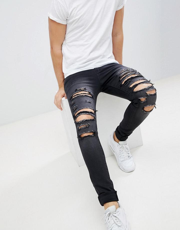 Liquor N Poker Black Wash Heavy Rips Super Skinny Jeans - Black