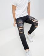 Liquor N Poker Black Wash Heavy Rips Super Skinny Jeans - Black