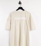 Missguided Playboy Oversized T-shirt With Logo In Sand-neutral