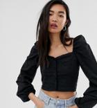 Stradivarius Square Neck Button Front Broderie Top In Black