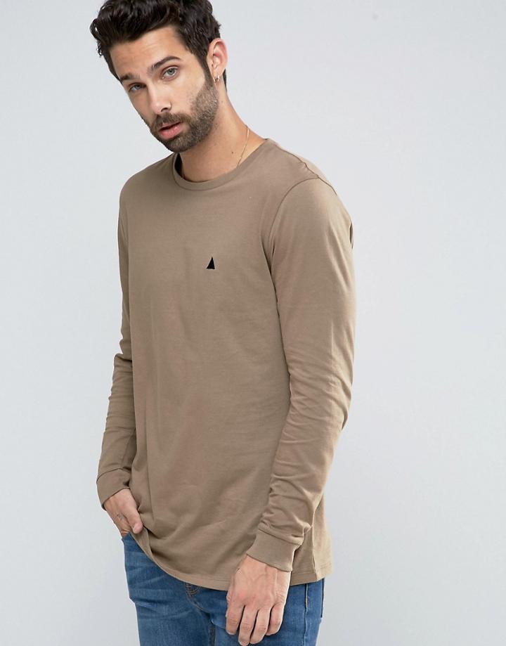 Asos Relaxed Longline Long Sleeve T-shirt With Logo In Brown - Brown