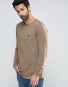 Asos Relaxed Longline Long Sleeve T-shirt With Logo In Brown - Brown