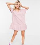 Asos Design Petite Bubble Hem V Front Short Sleeve Dress In Rose-pink