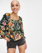 Jdy Shirred Peplum Top In Black Tropical Print-multi