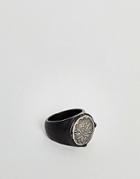 Icon Brand Matte Black Ring With Floral Design - Black