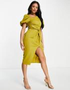 Asos Design Asymmetric Puff Sleeve Knot Tuck Midi Dress In Lime-green