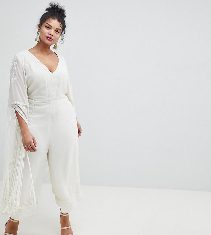 Asos Design Curve Premium Jumpsuit With Embroidery And Fringing - Cream