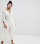 Asos Design Curve Premium Jumpsuit With Embroidery And Fringing - Cream
