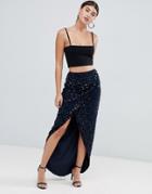 Asos Design Maxi Embellished Wrap Skirt-navy