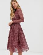 Asos Design Lace Long Sleeve Midi Prom Dress - Purple