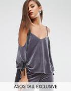 Asos Tall Red Carpet Cold Shoulder Top In Velvet With Grosgrain Straps