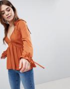 Asos Design Swing Top With Ruffle Shoulder - Brown