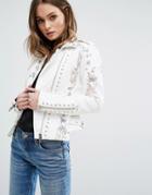 Blank Nyc Leather Look Biker Jacket With Floral Embroidery And Stud Detail - White
