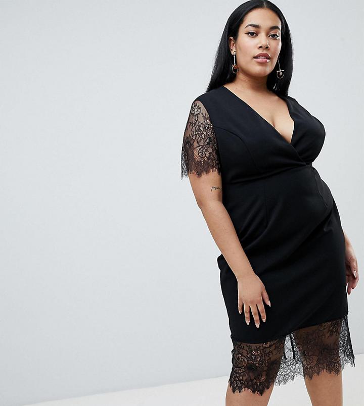 Asos Design Curve Pencil Dress With V Neck And Lace Sleeves And Hem - Black
