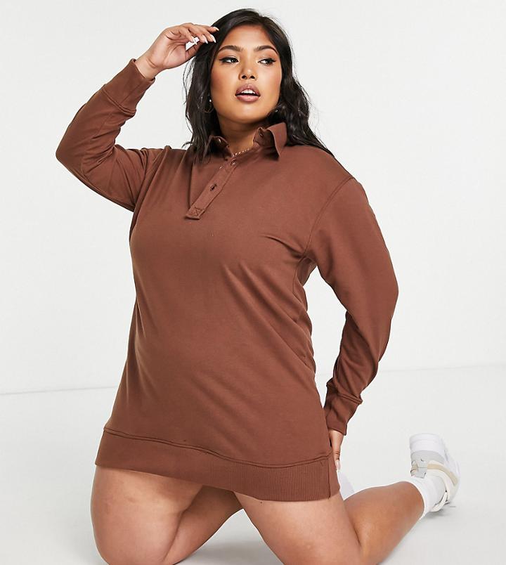 Threadbare Plus Polo Shirt Sweater Mini Dress In Chocolate Brown