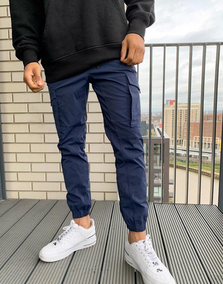 Jack & Jones Intelligence Nylon Tech Detail Cuffed Cargo Pants In Navy