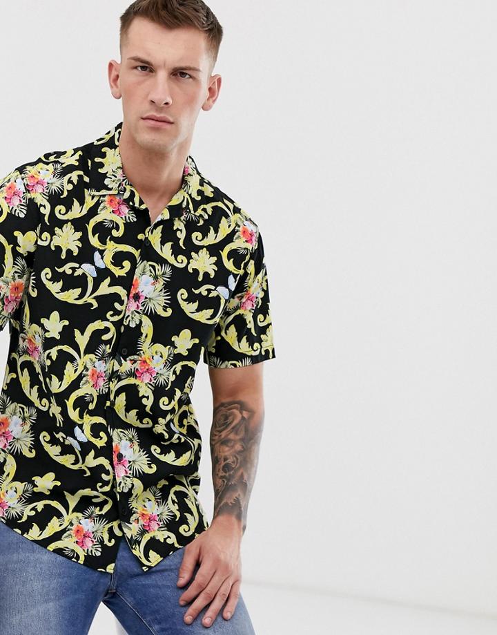 Jack & Jones Originals Short Sleeve Shirt In All Over Tropical Print In Black - Black