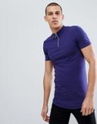 Asos Design Muscle Fit Longline Zip Neck Turtleneck T-shirt With Curved Hem In Blue - Blue