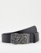 Asos Design Slim Belt In Black Faux Leather With Silver Dragon Plate Buckle