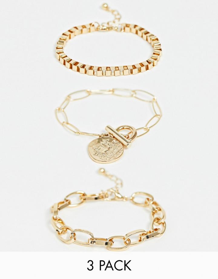 Asos Design Pack Of 3 Bracelets With Open Link And Box Chain And Worn Coin Charm In Gold Tone - Gold