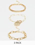 Asos Design Pack Of 3 Bracelets With Open Link And Box Chain And Worn Coin Charm In Gold Tone - Gold