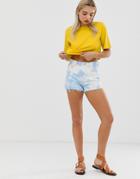 Monki Organic Cotton Cut Off Tie Dye Denim Shorts In Blue