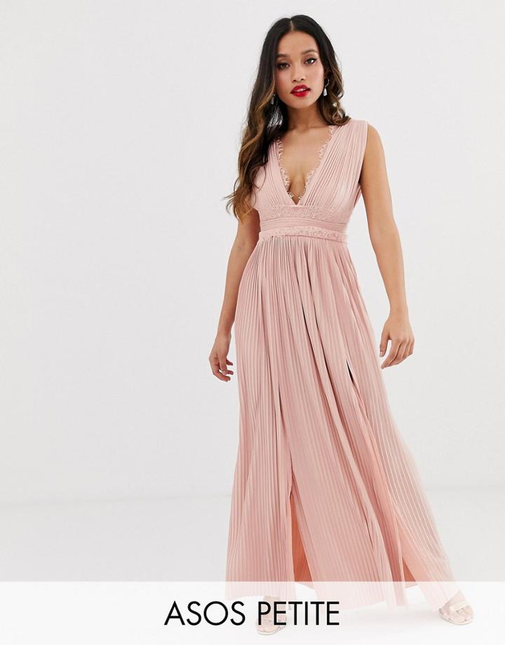 Asos Design Petite Premium Lace Insert Pleated Maxi Dress - Pink