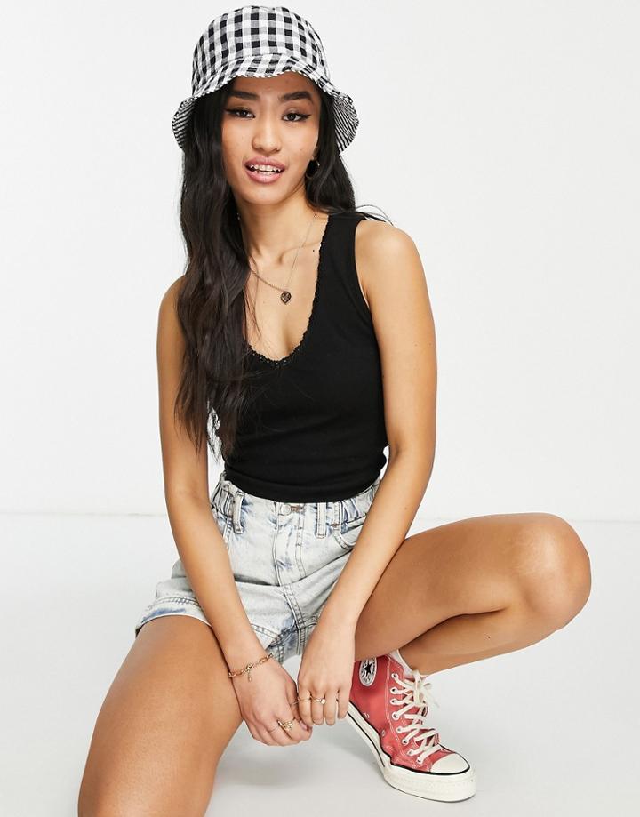Asos Design V-neck Tank Top With Lace Trim In Black