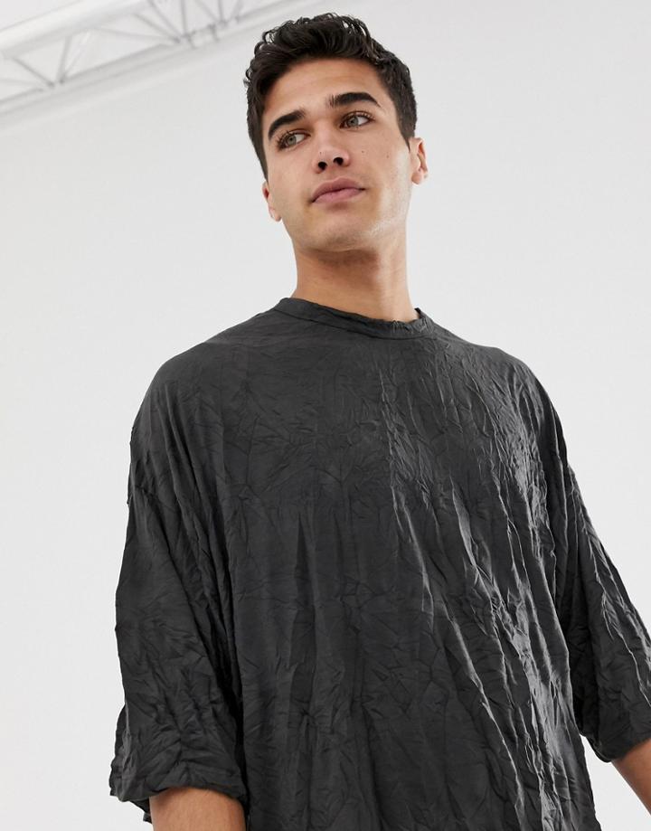 Asos Design Oversized T-shirt With Half Sleeve In Crinkle Wash In Washed Black - Black