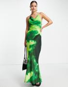 Asos Design Cowl Neck Strap Detail Maxi Dress In Green Tie Dye Print-multi