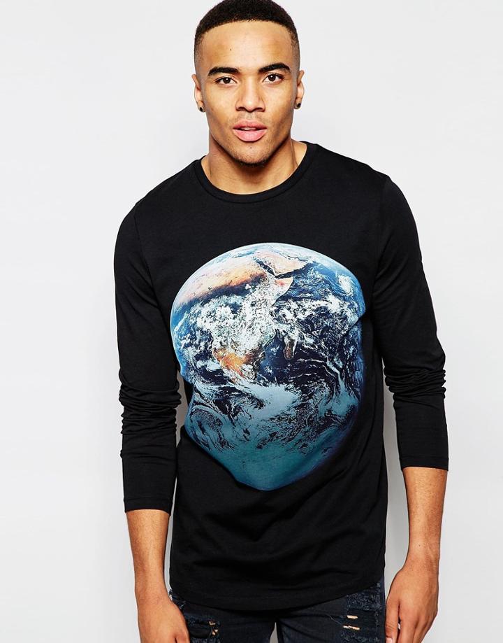 Asos Relaxed Longline Long Sleeve T-shirt With Globe Print - Black