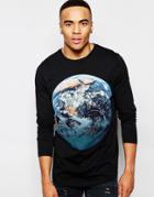 Asos Relaxed Longline Long Sleeve T-shirt With Globe Print - Black