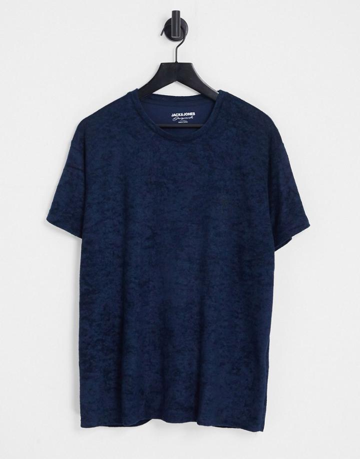 Jack & Jones Originals Palm Print Terry T-shirt In Navy