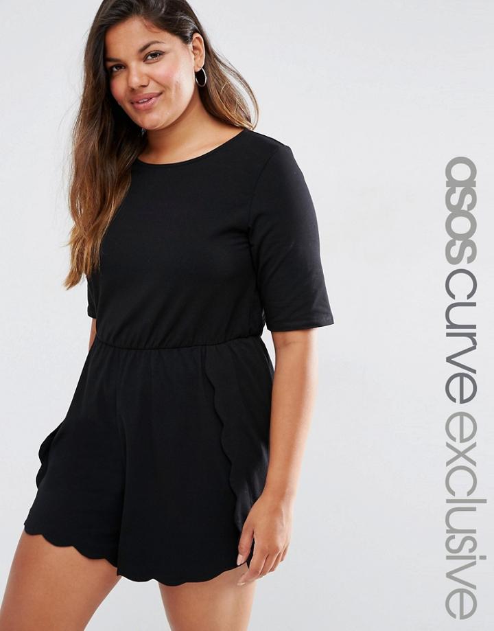 Asos Curve T-shirt Romper With Scallop Hem - Black