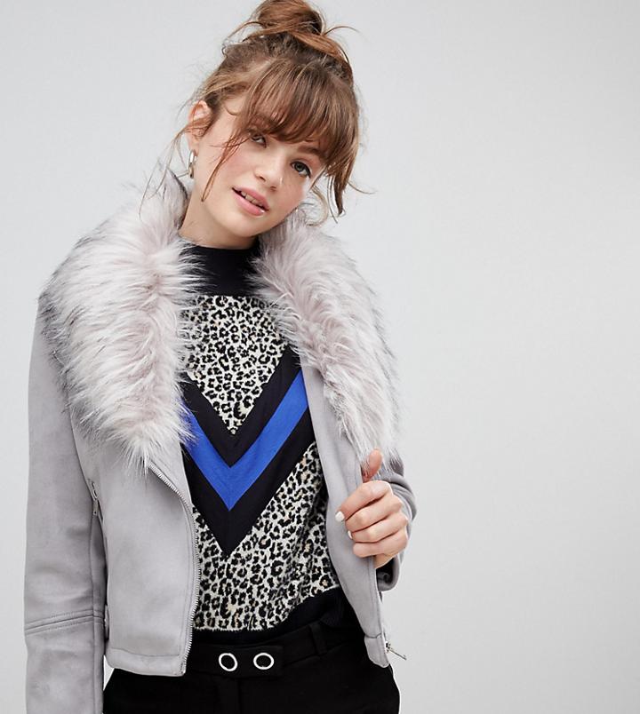 New Look Faux Fur Collar Suedette Biker Jacket