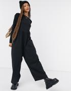 Asos Design Long Sleeve Smock Slub Jersey Jumpsuit-black