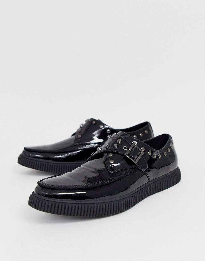 Asos Design Monk Shoes In Black Faux Leather With Studding And Creeper Sole - Black