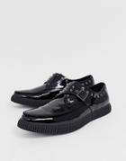 Asos Design Monk Shoes In Black Faux Leather With Studding And Creeper Sole - Black