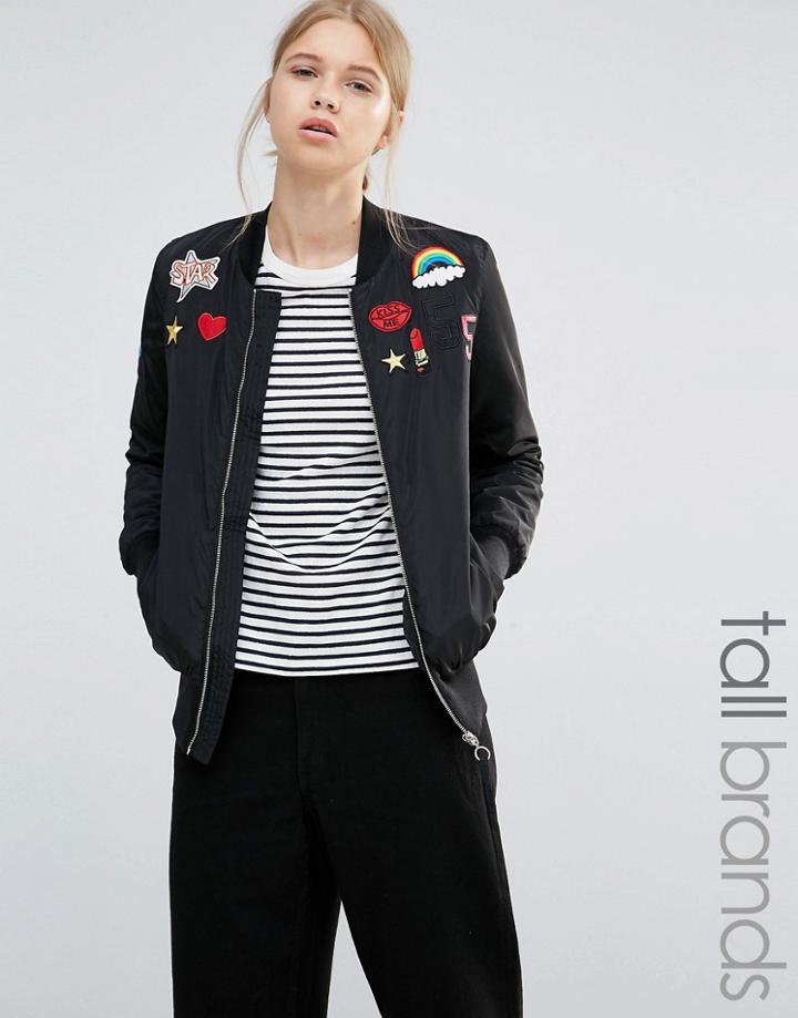 Brave Soul Tall Bomber Jacket With Badges - Black