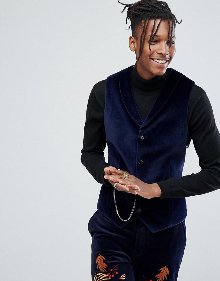 Noose & Monkey Velvet Shawl Vest In Navy - Navy
