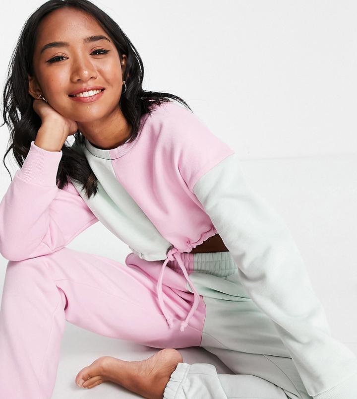 Chelsea Peers Petite Lounge Half And Half Sweatshirt With Tie Waist In Pink And Green-multi