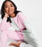 Chelsea Peers Petite Lounge Half And Half Sweatshirt With Tie Waist In Pink And Green-multi