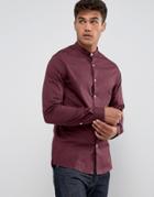 Asos Design Skinny Shirt With Grandad Collar In Burgundy - Red