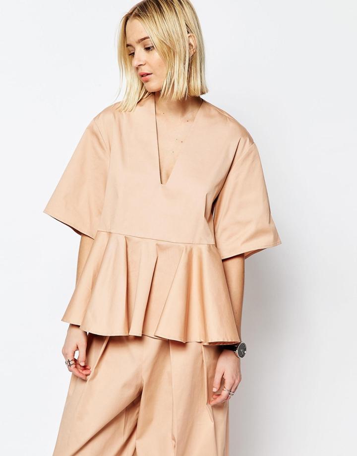 Asos White Structured Peplum Top With Square V-neck - Nude