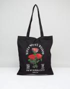 Asos Tote Bag In Black With Rose Print - Black