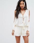 Surf Gypsy Crochet Trim Cold Shoulder Gauze Beach Romper - Cream