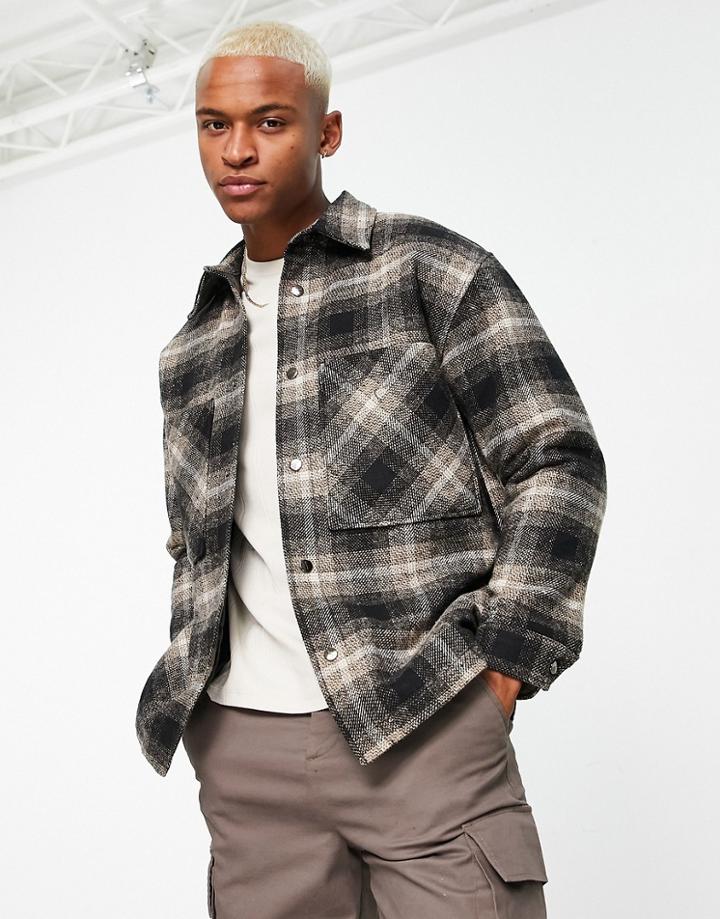 Bershka Faux Wool Oversized Check Shirt Jacket In Brown