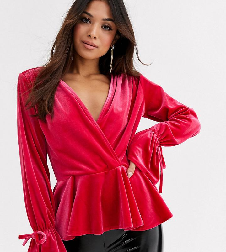 John Zack Petite Velvet Wrap Front Fluted Hem Top In Pink